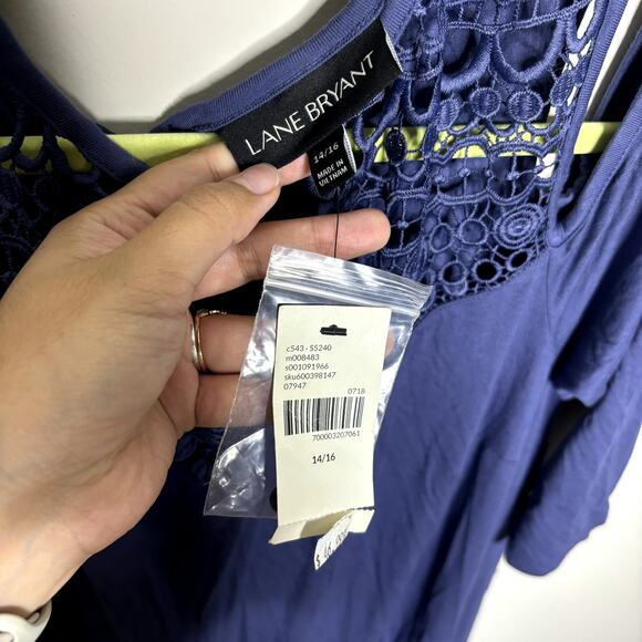 Lane Bryant Blue Crochet Neck Cold Shoulder Midi Shift Dress Sz 14/16 NWT - Picture 5 of 13